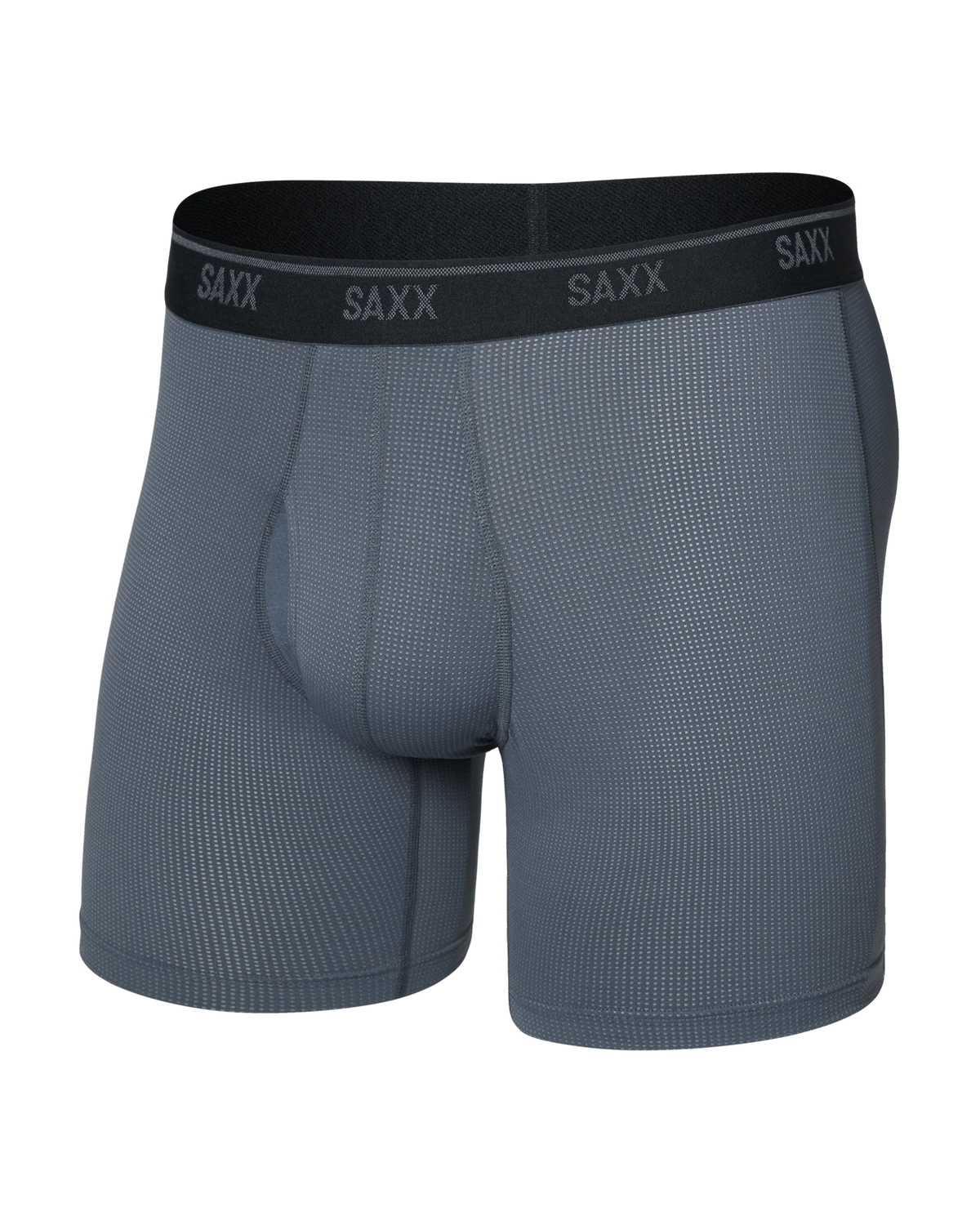 Gray boxer briefs with black waistband featuring 'SAXX' branding on a white background.
