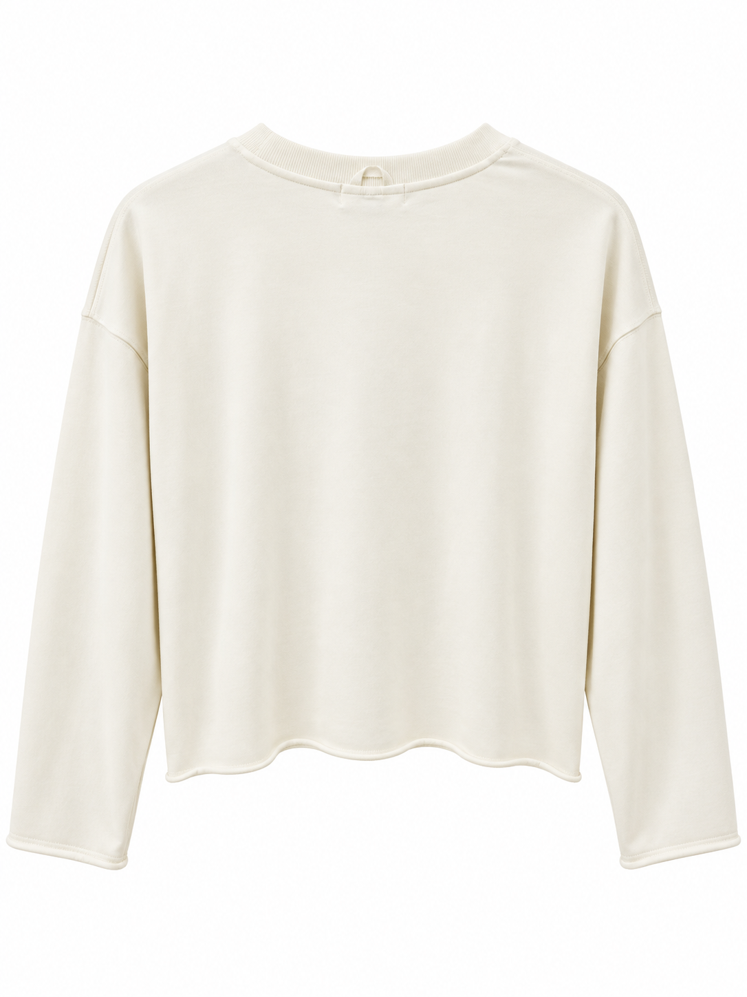 White sweatshirt with raw edge hems on a white background. 