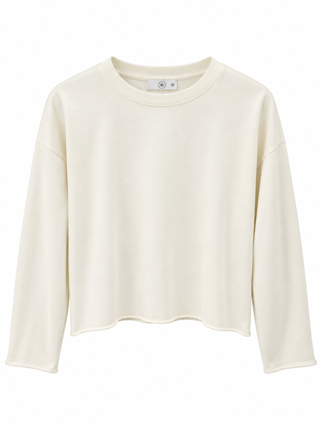 White sweatshirt with raw edge hems on a white background. 