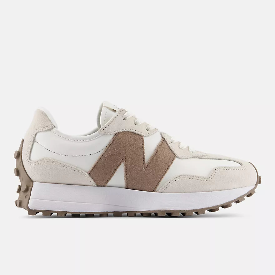 White and brown sneaker with New Balance logo on a white background