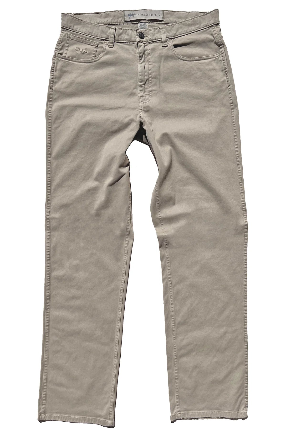 A pair of light beige straight-leg jeans laid flat against a white background.