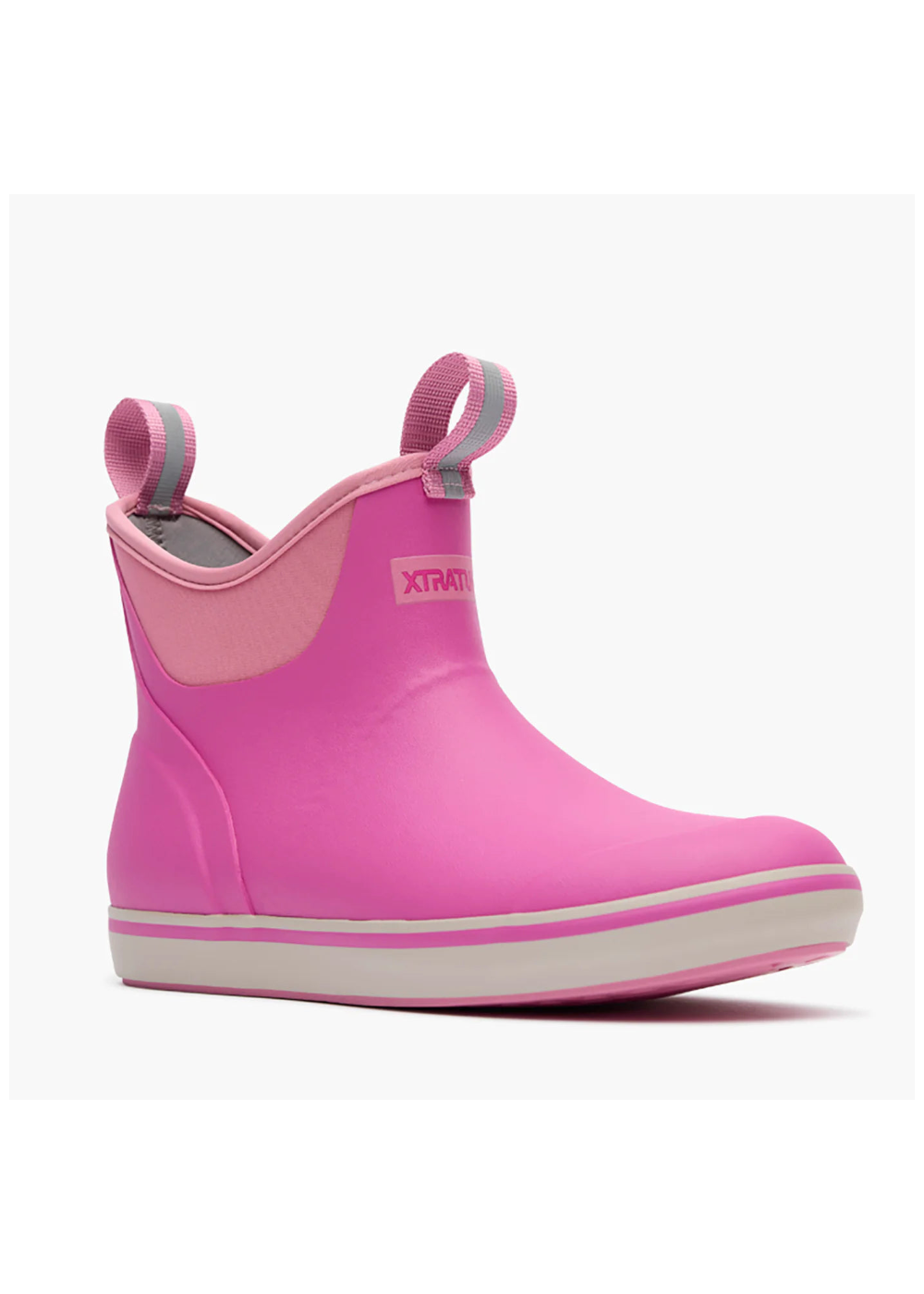Pink rain boot with Xtratuf logo on a white background